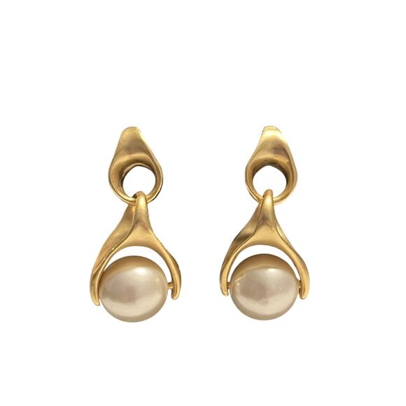 Modernist Earrings Matte Gold Pierced Dangle Stud Faux Pearl Designer Inspired - Picture 1 of 9